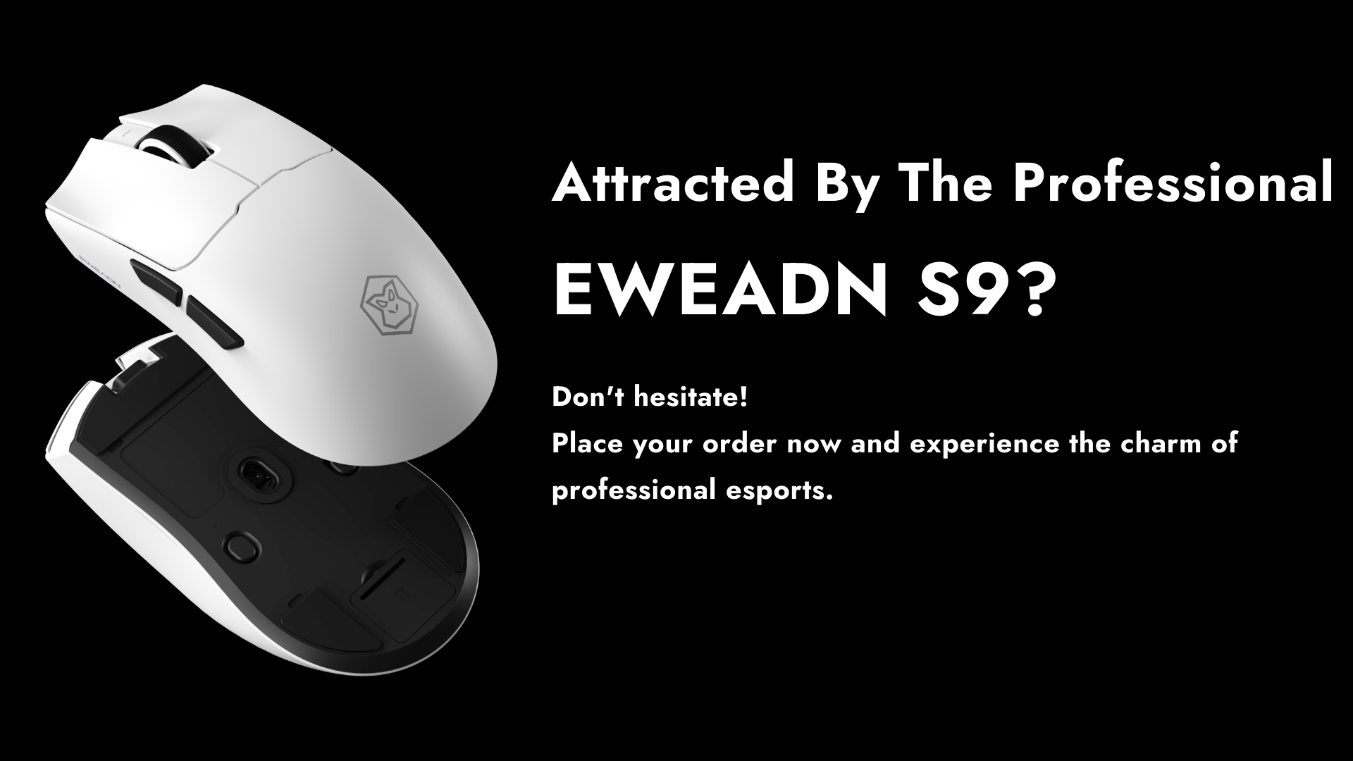 "EWEADN S9 lightweight mouse for medium to large hands, showcasing its PAW 3395/3950 sensor and ergonomic design for superior gaming experience."